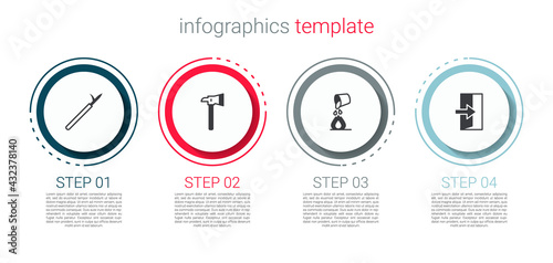 Set Metal pike pole, Firefighter axe, Bucket extinguishing fire and exit. Business infographic template. Vector