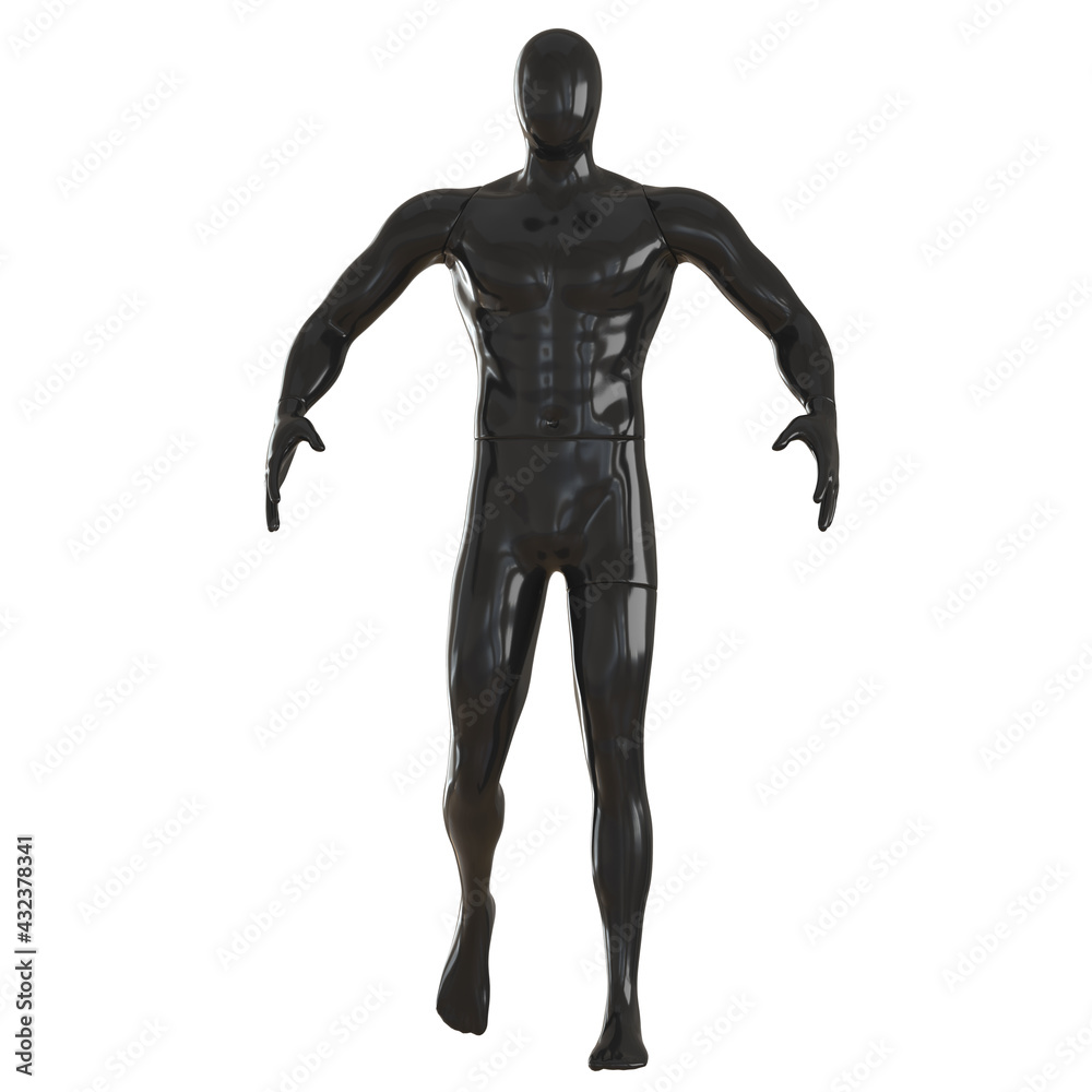Black male mannequin with arms spread wide in a walking man pose on an isolated background. 3d rendering