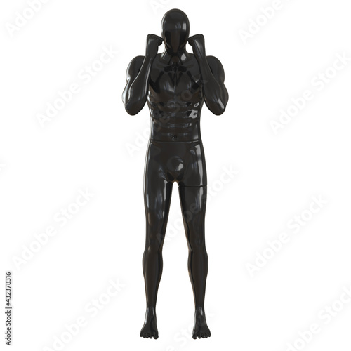 Male black mannequin with fists near the head on a white background. Defensive wrestler pose. 3d rendering