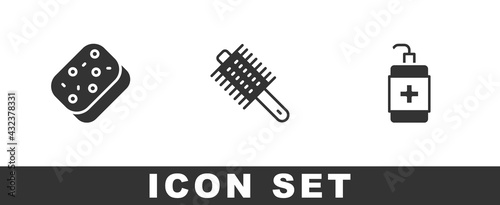 Set Sponge, Hairbrush and Hand sanitizer bottle icon. Vector
