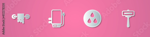 Set paper cut Toilet paper roll, Electric boiler, Water drop and Shaving razor icon. Paper art style. Vector