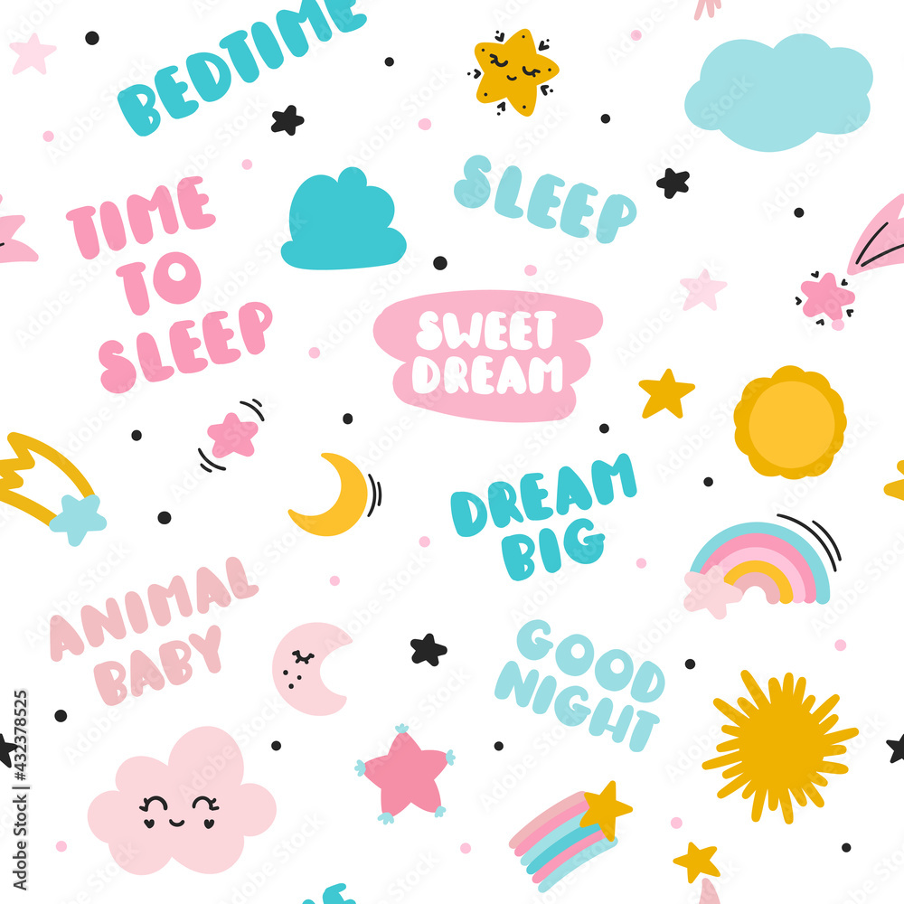 A seamless pattern with stars, moon, and clouds and words for sleeping. For wallpaper in the children's room or textiles