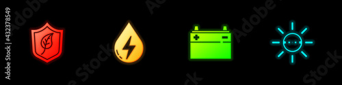 Set Shield with leaf, Water energy, Car battery and Solar panel icon. Vector