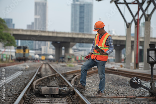 engineer, worker standing on railway inspection. construction worker on railways. Engineer work on railway. rail, engineer, Infrastructure,