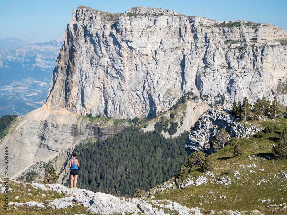 Hiker near the Mont-Aguille in the french Vercors National Park