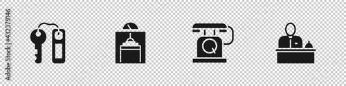 Set Hotel door lock key, Lift, Telephone handset and reception desk icon. Vector