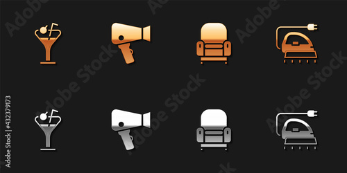 Set Martini glass, Hair dryer, Armchair and Electric iron icon. Vector
