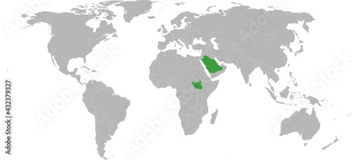 South sudan  saudi arabia highlighted on world map. Political map backgrounds.