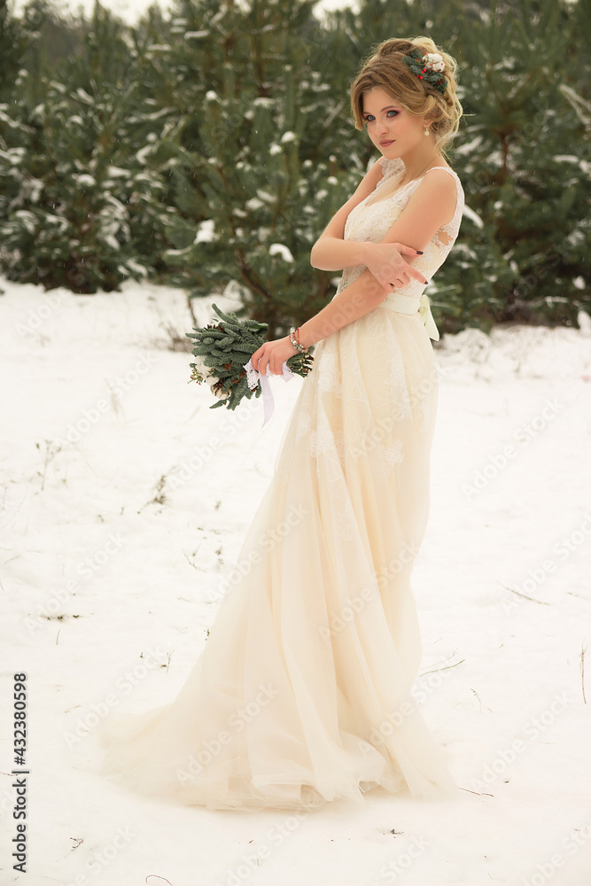 beautiful girl with flowers in her hair in winter, bride, portrait beautiful girl with flowers in her hair in winter, bride, portrait