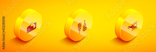Set Isometric Ice hockey goal, Snowshoes and Rescue helicopter icon. Vector