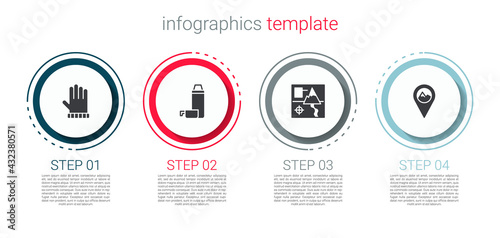 Set Christmas mitten, Thermos container, Folded map and Location with mountain. Business infographic template. Vector