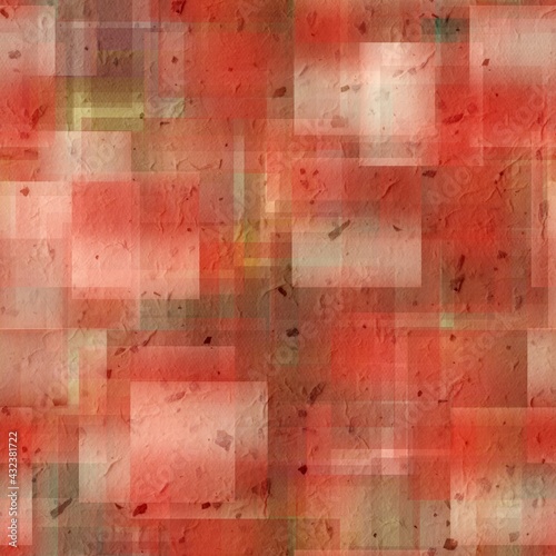 Seamless overlaid geometric shape pattern print. High quality illustration. Transparent rectangles filled with gradient colors scattered. Handmade paper texture overlay.