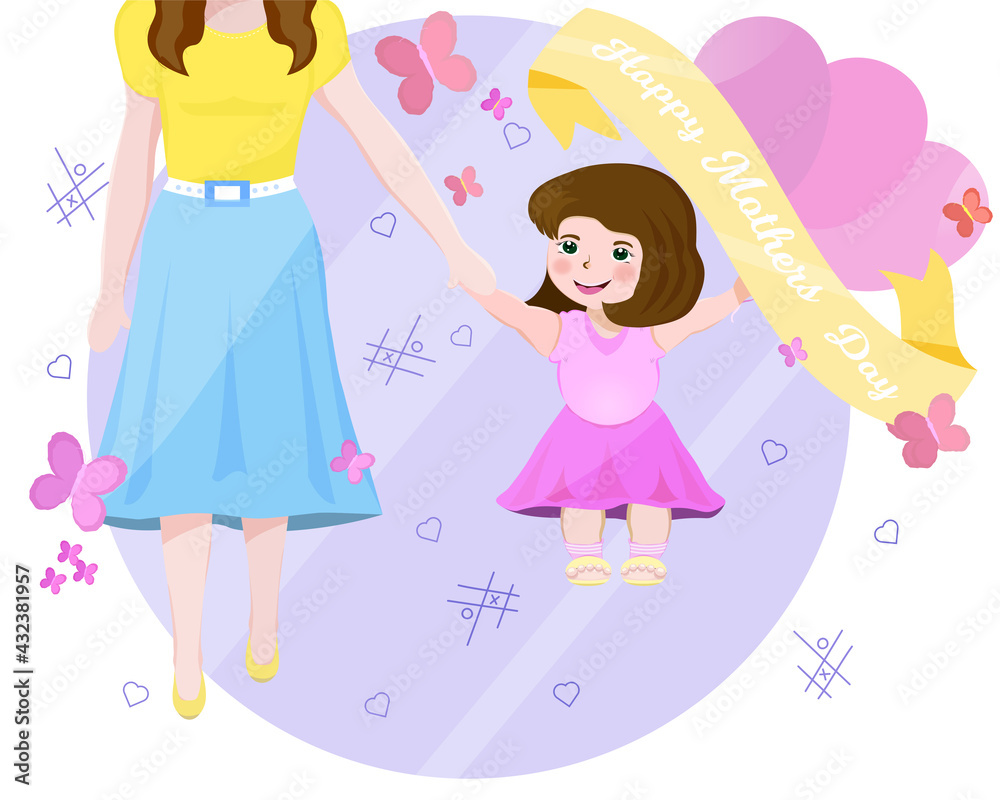 Mother and daughter. White background. Woman and child. Mother's Day is an international holiday. Cartoon.Isolated.Flat illustration.Vector.Blue circle.Concept Mother and daughter. White background. Woman and child. Mother's Day is an international holiday. Cartoon.Isolated.Flat illustration.Vector.Blue circle.Concept