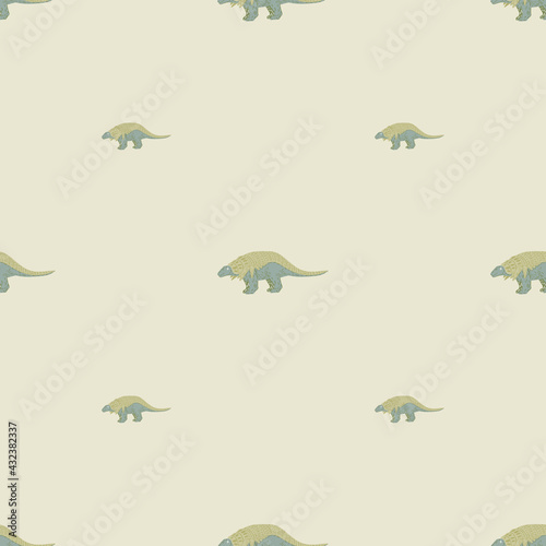 Minimalistic seamless patten with green dinosaurs shapes print. Jurassic animal ancient doodle backdrop.