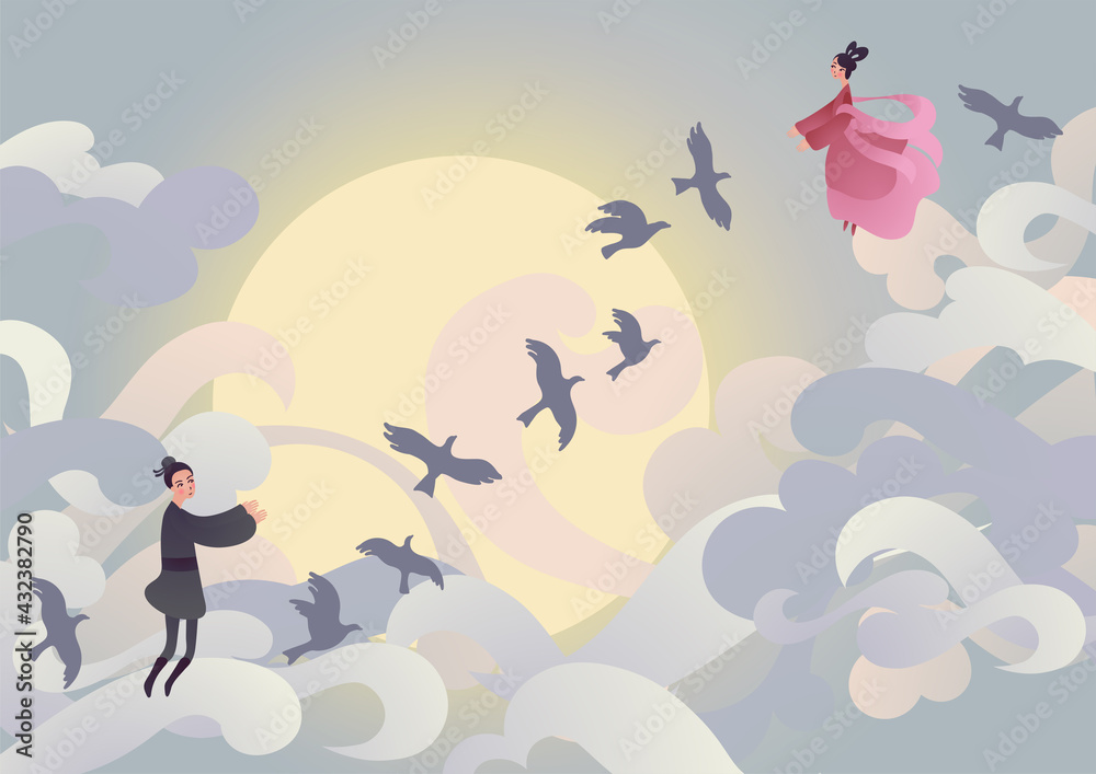 Obraz premium Vector illustration card for chinese valentine Qixi festival.