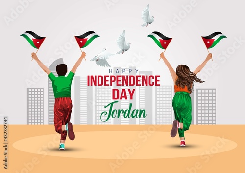 happy independence day Jordan 25th January. a boy and girl running with Jordan flag. vector illustration design.