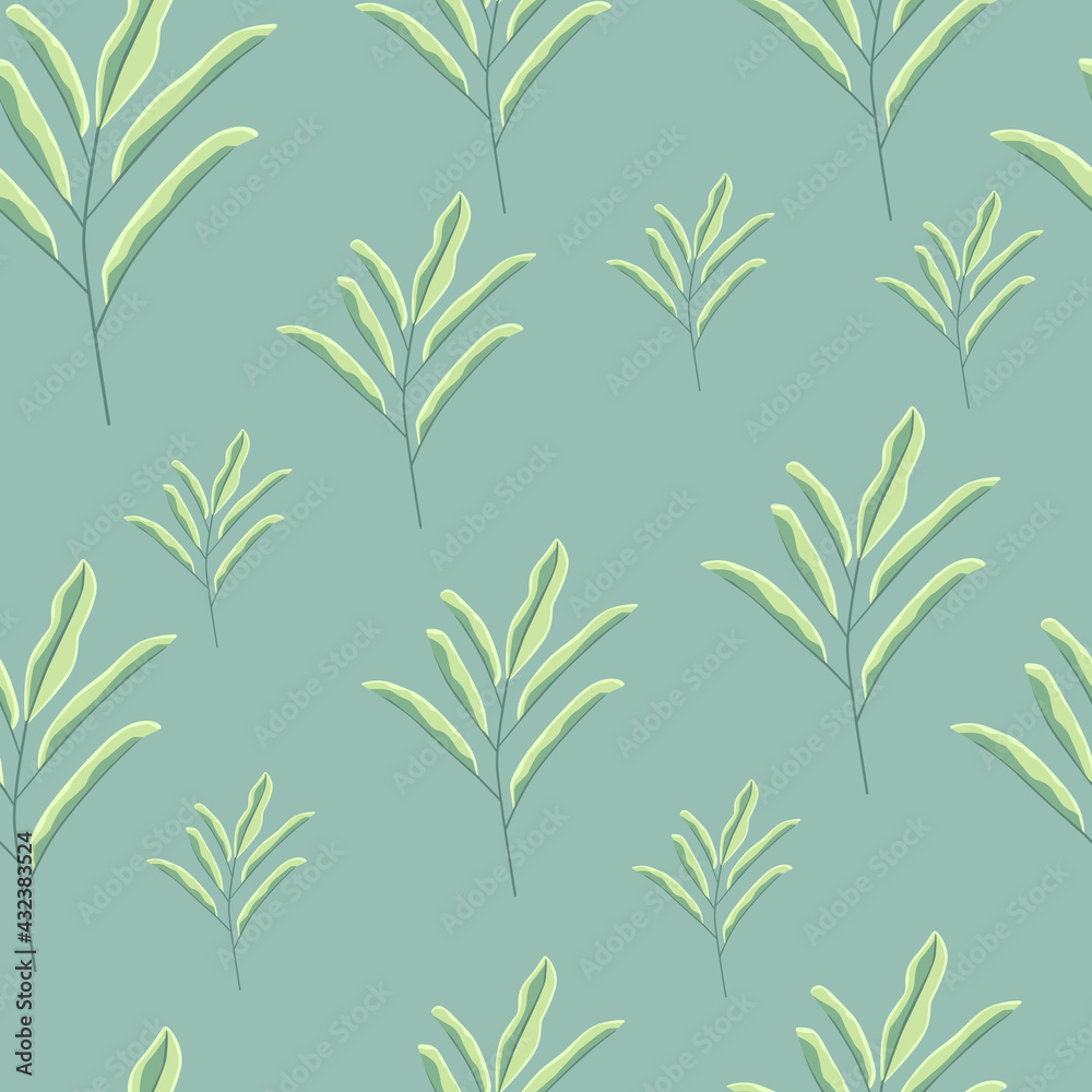 Random green floral branches with leaves seamless doodle pattern. Pastel blue background. Nature backdrop. Random green floral branches with leaves seamless doodle pattern. Pastel blue background. Nature backdrop.