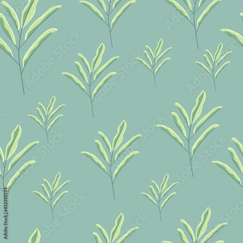 Random green floral branches with leaves seamless doodle pattern. Pastel blue background. Nature backdrop.