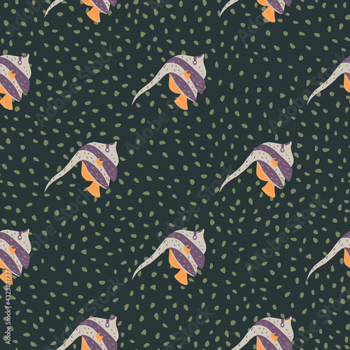 Purple imperial angelfis silhouettes seamless pattern in hand drawn style. Green dark dotted background.