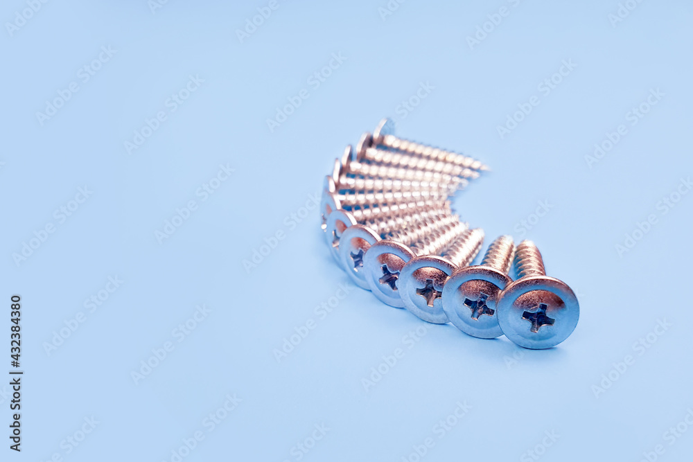 Fototapeta premium screws macro photo. Long Iron or metal screw nails on blue backgraund. Front view.
