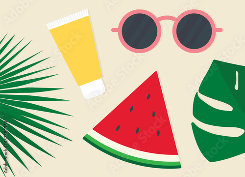 summer top view composition, palm leaves, watermelon, sun cream and sunglasses- vector illustration