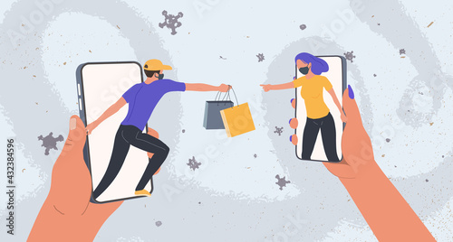 Safe contactless delivery goods and food service vector illustration. Safety online shopping and shipping on quarantine. Delivery man brings order woman at home.
