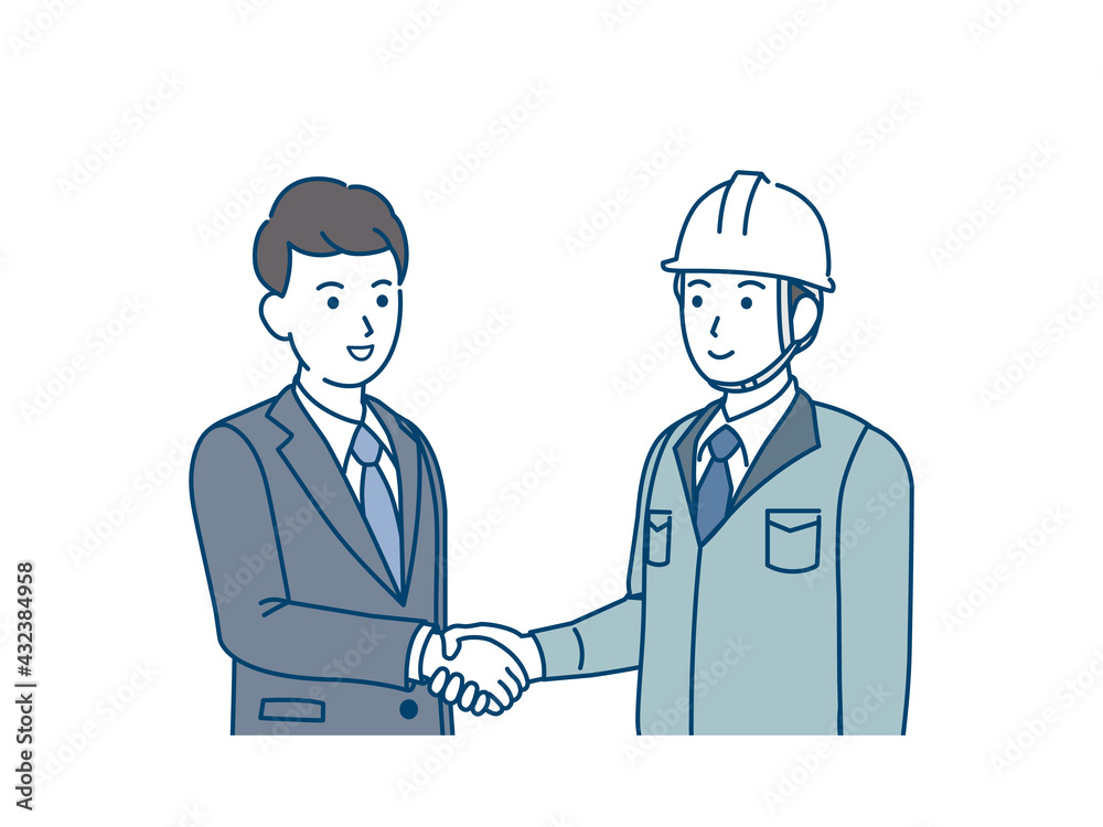 握手をする　ビジネスマンと現場監督　建築士　工場長　男性　契約　イラスト素材