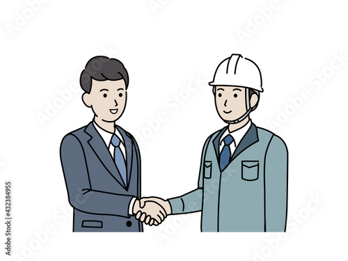 握手をする　ビジネスマンと現場監督　建築士　工場長　男性　契約　イラスト素材
