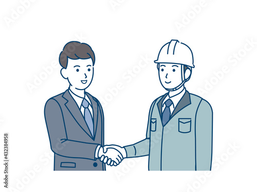 握手をする ビジネスマンと現場監督 建築士 工場長 男性 契約 イラスト素材