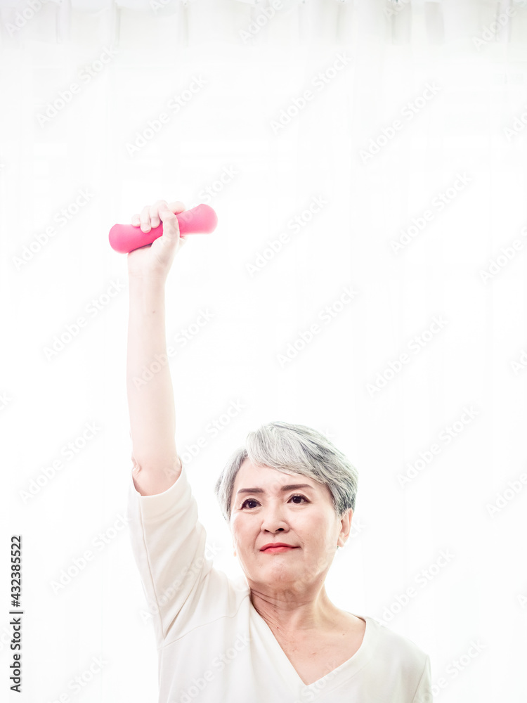 Healthy Lifestyle. Smiling Senior asian Lady Exercising With Dumbbells At Home Healthy Lifestyle. Smiling Senior asian Lady Exercising With Dumbbells At Home