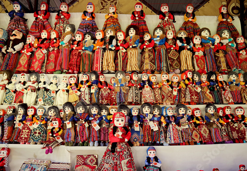 Rows of Pretty Dolls in Armenian Traditional Costumes for Sale in the Souvenir Shop at Vernissage Market, Yerevan, Armenia