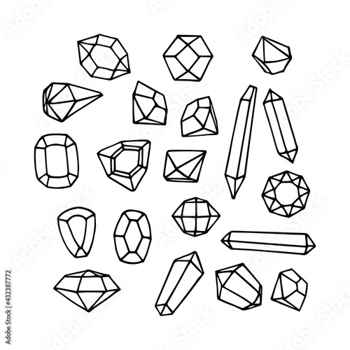 set of faceted gemstones: emeralds, diamonds and rubies, glass crystals, vector illustration with black ink contour lines isolated on a white background in doodle and hand drawn style