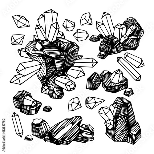 coal with minerals, magic stones with diamonds and gemstones, piece of rock with crystals, set, vector illustration with black ink lines isolated on a white background in cartoon and hand drawn style