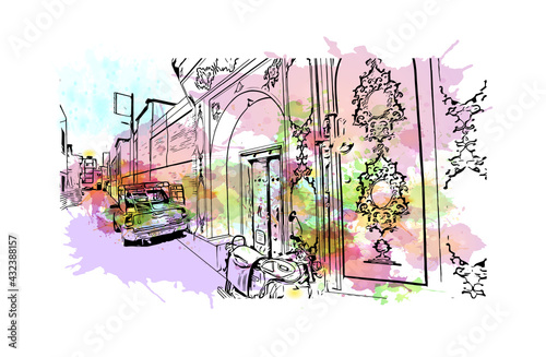 Obraz na płótnie Building view with landmark of Isfahan is a city in central Iran. Watercolor splash with hand drawn sketch illustration in vector. w salonie