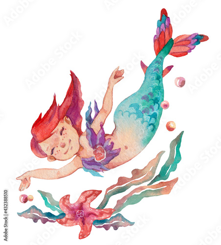 Cute little mermaid dives. Watercolor illustration in nautical style. Children s design. Graphic for any projects  baby showers  invitations  greeting cards  nursery prints  posters and more.