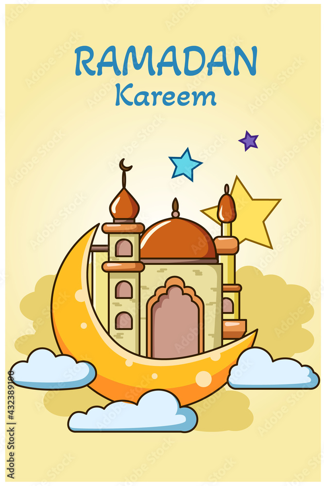 Mosque on gold moon at ramadan kareem cartoon illustration