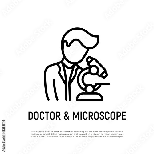 Doctor looks in microscope thin line icon.  Laboratory research. Vector illustration.