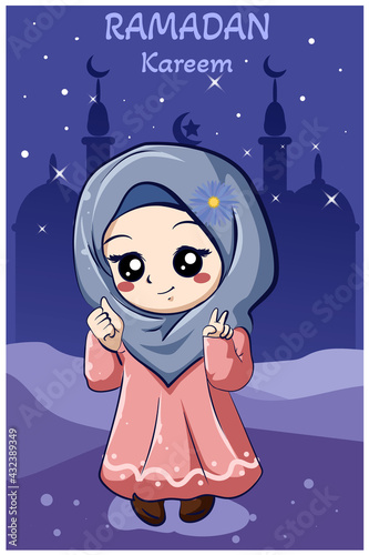 Little happy muslim girl at ramadan kareem cartoon illustration