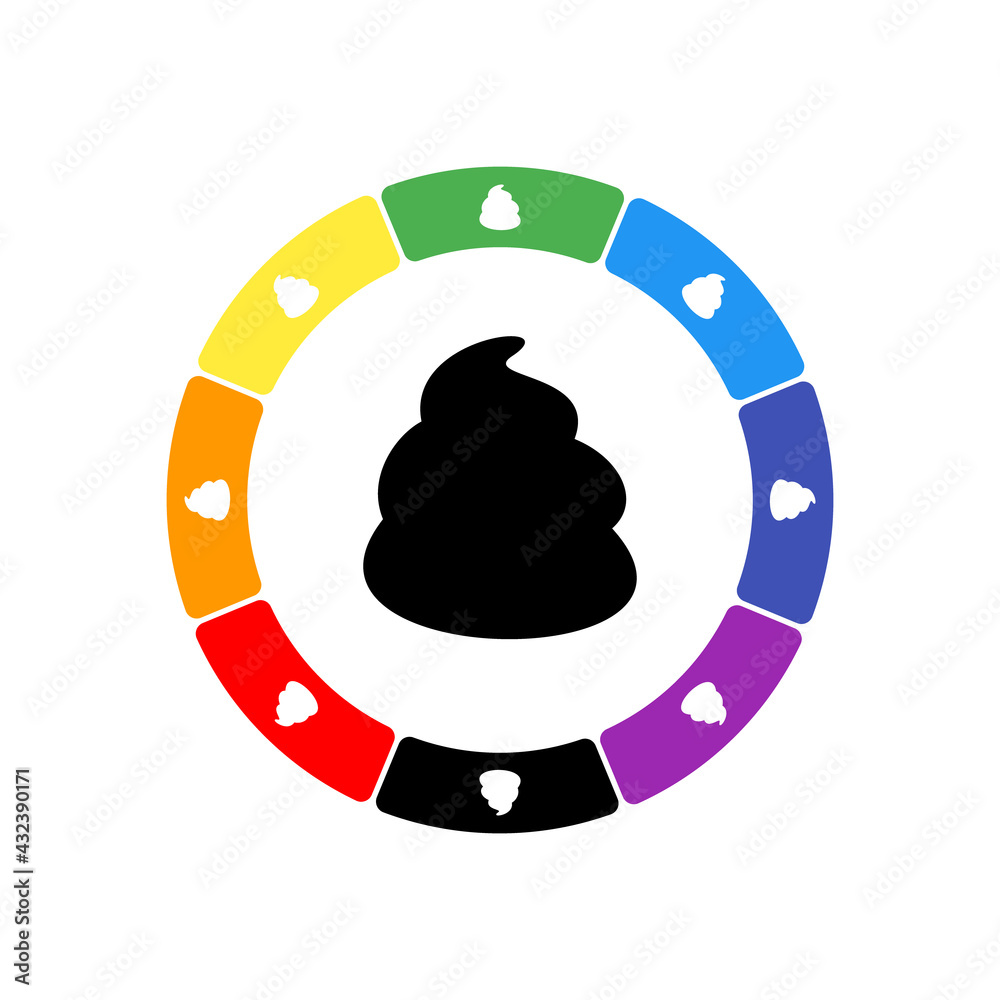 A large black poop symbol in the center, surrounded by eight white