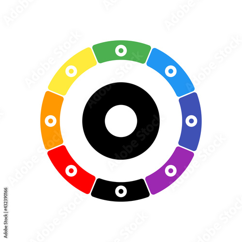 A large black record media symbol in the center, surrounded by eight white symbols on a colored background. Background of seven rainbow colors and black. Vector illustration on white background