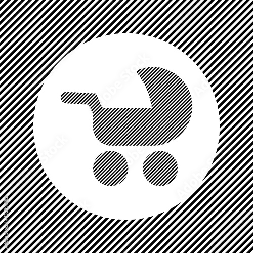A large baby carriage symbol in the center as a hatch of black lines on a white circle. Interlaced effect. Seamless pattern with striped black and white diagonal slanted lines photo