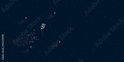A balloon symbol filled with dots flies through the stars leaving a trail behind. Four small symbols around. Empty space for text on the right. Vector illustration on dark blue background with stars