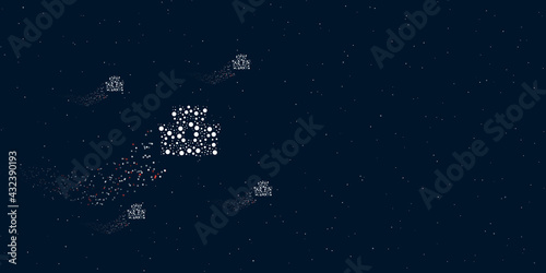 A castle symbol filled with dots flies through the stars leaving a trail behind. Four small symbols around. Empty space for text on the right. Vector illustration on dark blue background with stars
