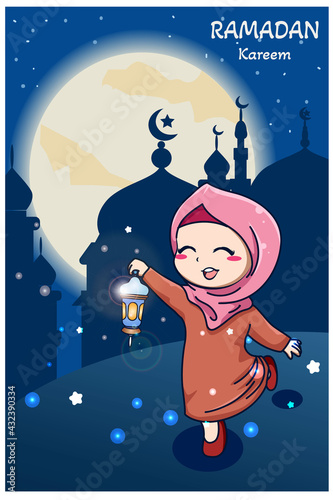 Muslim girl with lantern ramadan kareem cartoon illustration