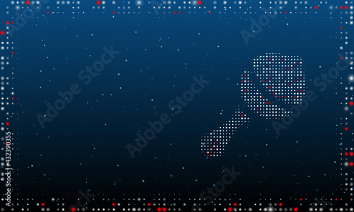 On the right is the baby rattle symbol filled with white dots. Pointillism style. Abstract futuristic frame of dots and circles. Some dots is red. Vector illustration on blue background with stars