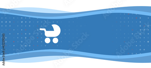 Blue wavy banner with a white baby carriage symbol on the left. On the background there are small white shapes, some are highlighted in red. There is an empty space for text on the right side
