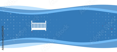Blue wavy banner with a white baby cot symbol on the left. On the background there are small white shapes, some are highlighted in red. There is an empty space for text on the right side