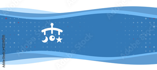 Blue wavy banner with a white baby mobile symbol on the left. On the background there are small white shapes, some are highlighted in red. There is an empty space for text on the right side