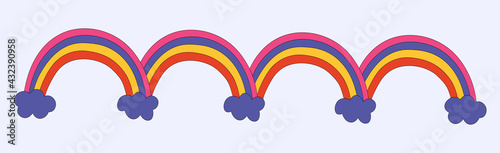 vector border frame rainbow.Rainbow ribbon.Pattern children's rainbow with clouds.Summer design elements in hippie style 60s 70s. Line of colored stripes seamless.isolated vintage hand drawn style