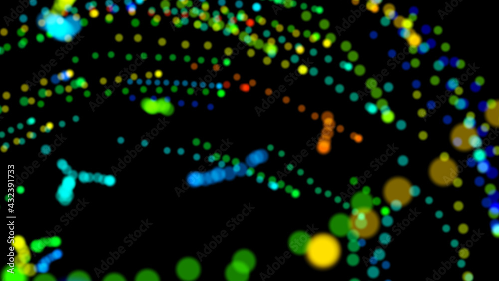 Abstract rotating flight of colorful balls in endless space. Beautiful multi-colored balloons. Festive, solemn, beautiful, stage background. Isolated black background. Abstract rotating flight of colorful balls in endless space. Beautiful multi-colored balloons. Festive, solemn, beautiful, stage background. Isolated black background.